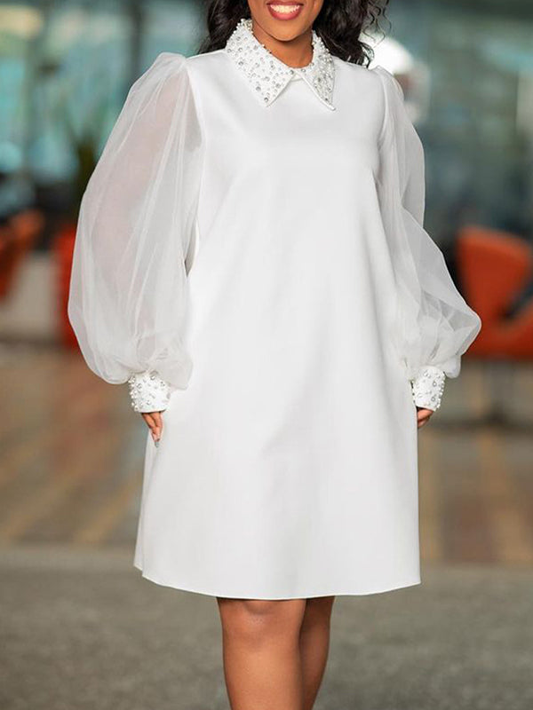 Puff Sleeves Beads Mesh Solid Color Split-Joint Round-neck Midi Dresses