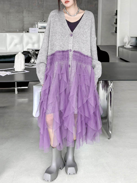 High-Low Irregularity Buttoned Contrast Color Mesh Pleated Ribs Split-Joint Collarless Cardigan Tops Outerwear