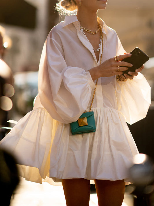 Puff Sleeves Buttoned Solid Color Split-Joint Lapel Mini Dresses Shirt Dress