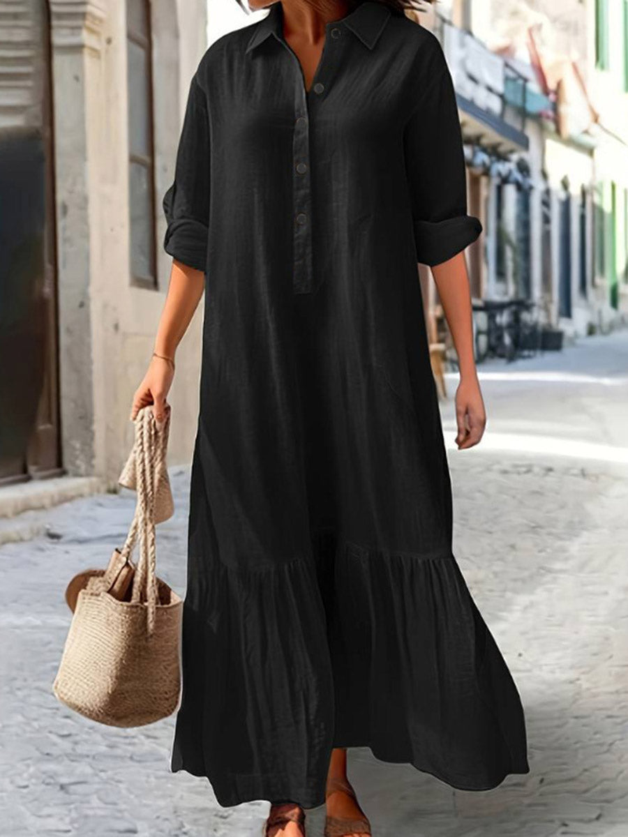 A-Line Long Sleeves Buttoned Pleated Solid Color Split-Joint Lapel Maxi Dresses