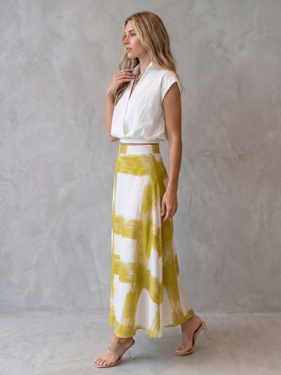 Buttoned Lapel Solid Color Blouses&Shirts Tops +  Contrast Color A-Line High Waisted Printed Skirts Bottoms Two Pieces Set