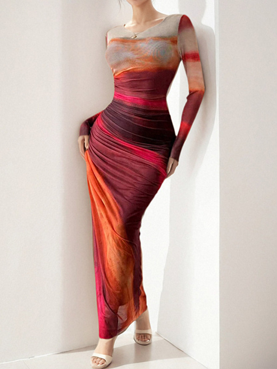 Bodycon High Waisted Contrast Color Pleated Printed Split-Joint Round-Neck Maxi Dresses