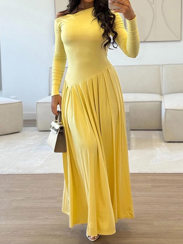 A-Line Bodycon Asymmetric Pleated Solid Color Split-Joint One-Shoulder Maxi Dresses