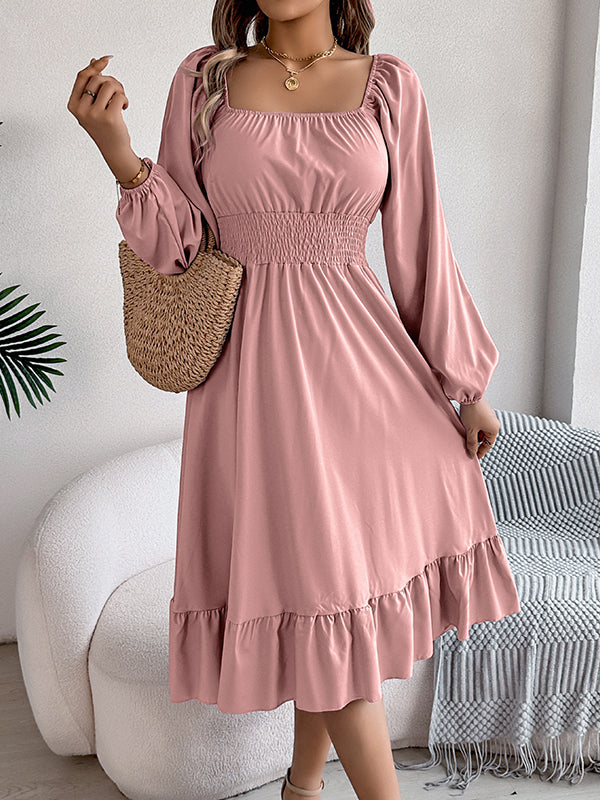 A-Line Elasticated Waist Pleated Ruffled Solid Color Square-Neck Midi Dresses