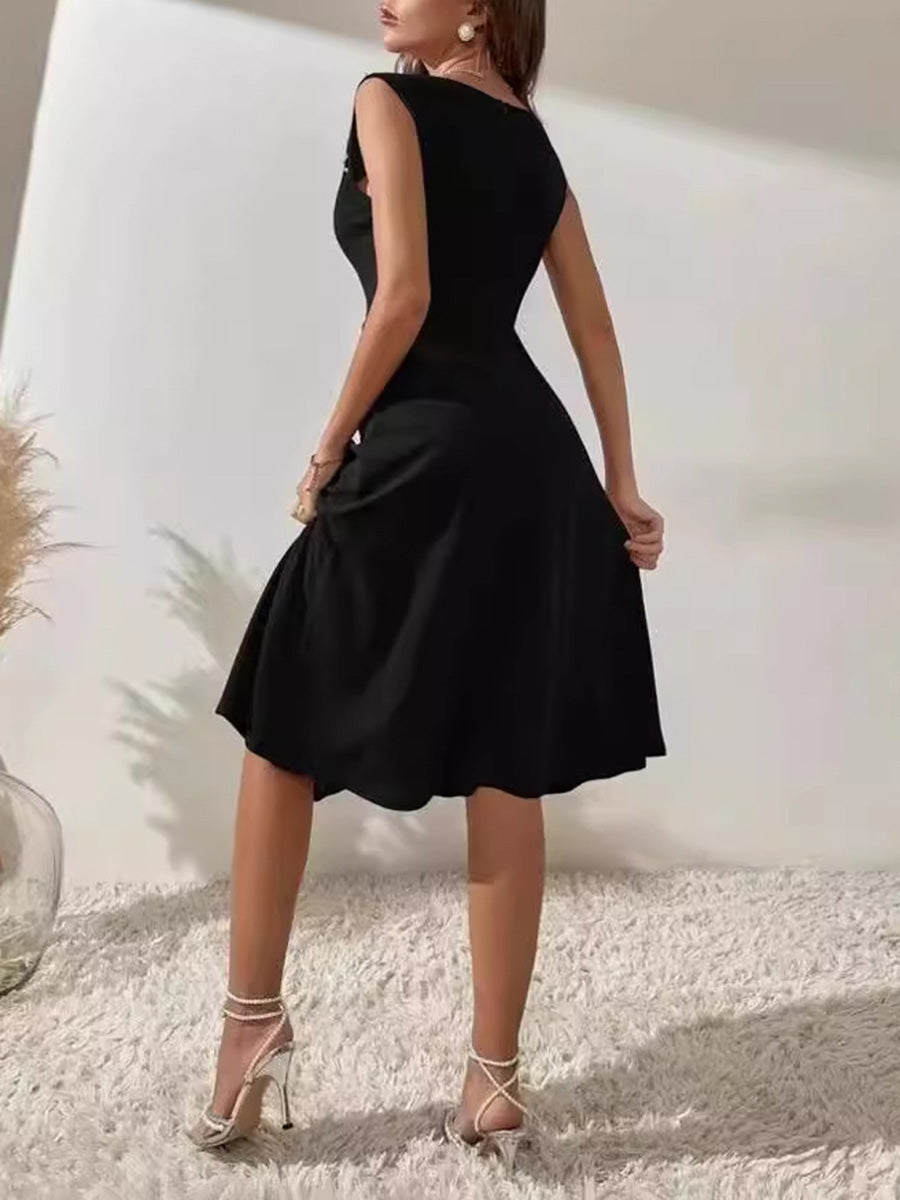 A-Line High Waisted Beads Pleated Solid Color Split-Joint Round-Neck Mini Dresses