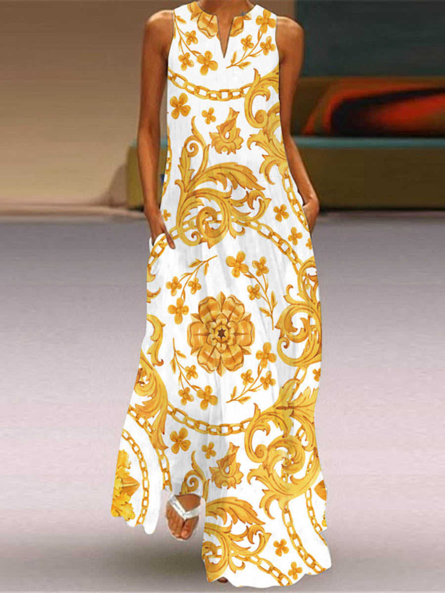 A-Line Loose Contrast Color Pockets Printed Split-Joint V-Neck Maxi Dresses