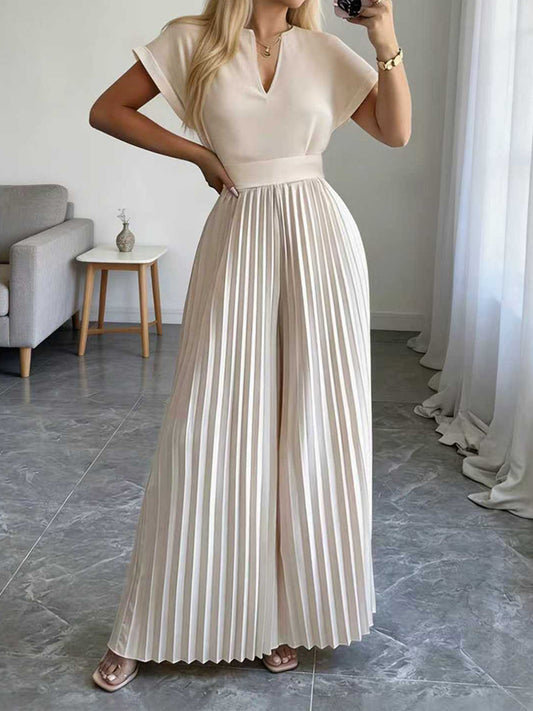 Loose Short Sleeves Pleated Solid Color Split-Joint V-Neck Jumpsuits