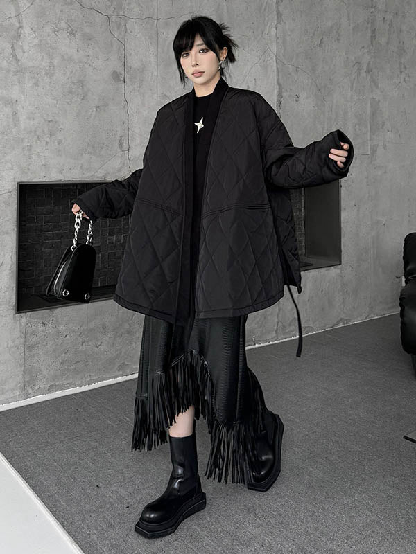 Long Sleeves Loose Plaid Quilted Solid Color Split-Joint Tied Collarless Outerwear Padded Coat