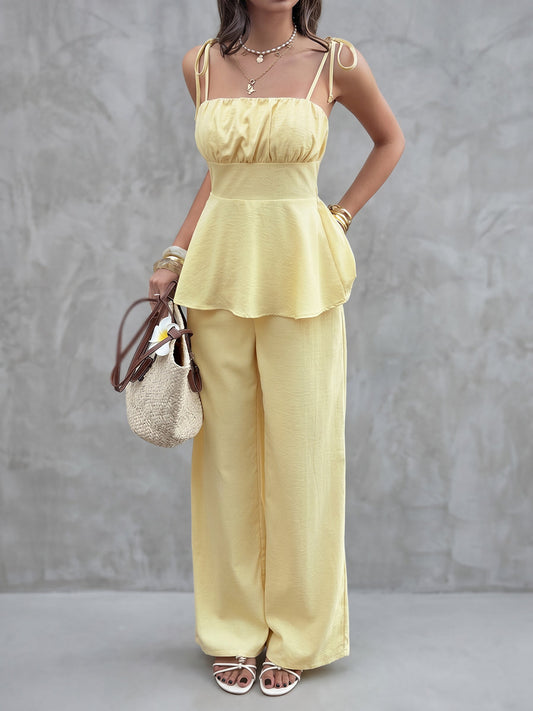 Loose Sleeveless Pleated Solid Color Spaghetti-Neck Vest  Top + Pants Bottom Suits