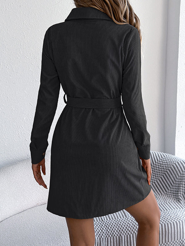 Elasticated Waist Long Sleeves Belted Buttoned Single-Breasted Solid Color Lapel Collar Mini Dresses Shirt Dress