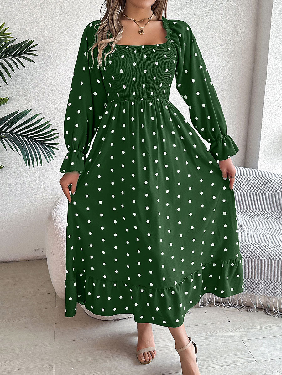 High Waisted Long Sleeves Pleated Polka Dot Ruffled Square-Neck Maxi Dresses Shirt Dress