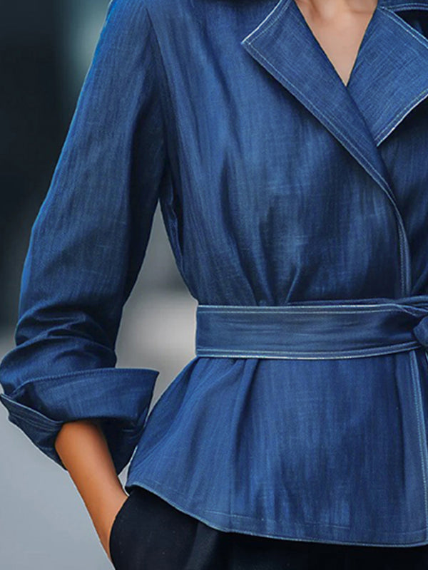 Long Sleeves Loose Solid Color Tied Waist Notched Collar Outerwear