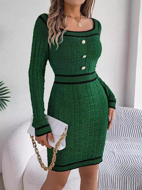 Bodycon Long Sleeves Buttoned Contrast Color Plaid Square-Neck Mini Dresses Sweater Dresses