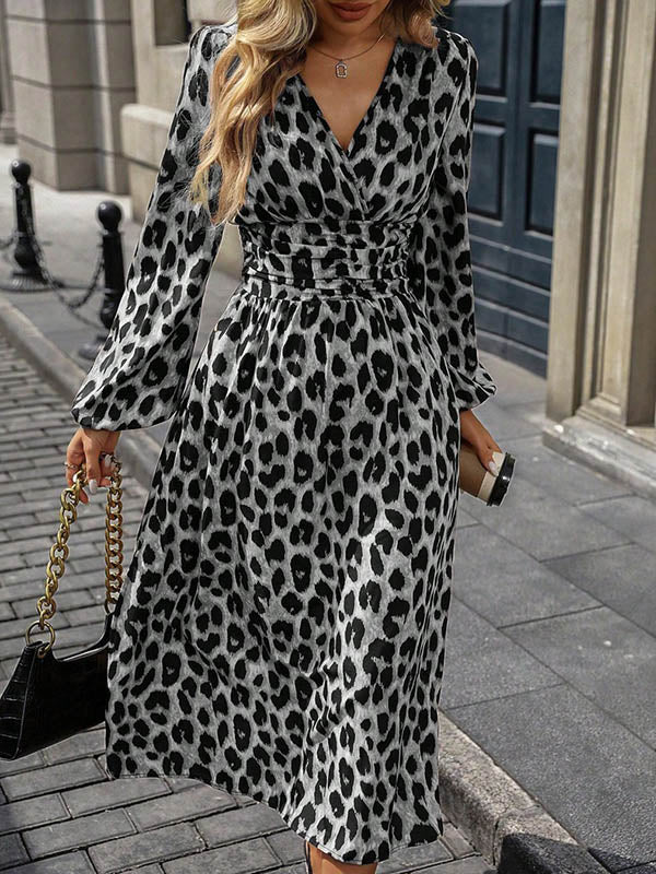 Elasticated Waist High Waisted Contrast Color Leopard Pleated Split-Joint V-Neck Maxi Dresses