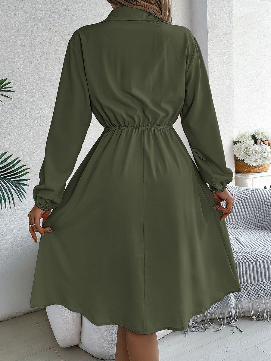 A-line Long Sleeves Buttoned Pleated Solid Color Tied Lapel Midi Dresses Shirt Dress
