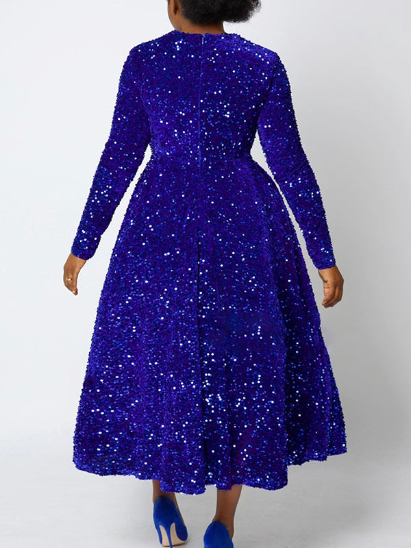 A-Line High Waisted Sequined Split-Joint Zipper Round-Neck Maxi Dresses