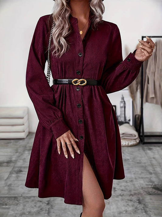 A-Line Elasticated Waist Belted Buttoned Pleated Solid Color Split-Joint Stand Collar Midi Dresses Shirt Dress