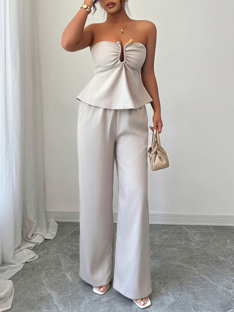 Solid Color Pleated Buttoned Ruffled Tube Blouses&Shirts Tops + High Waisted Zipper Column Pants Trousers Two Pieces Set