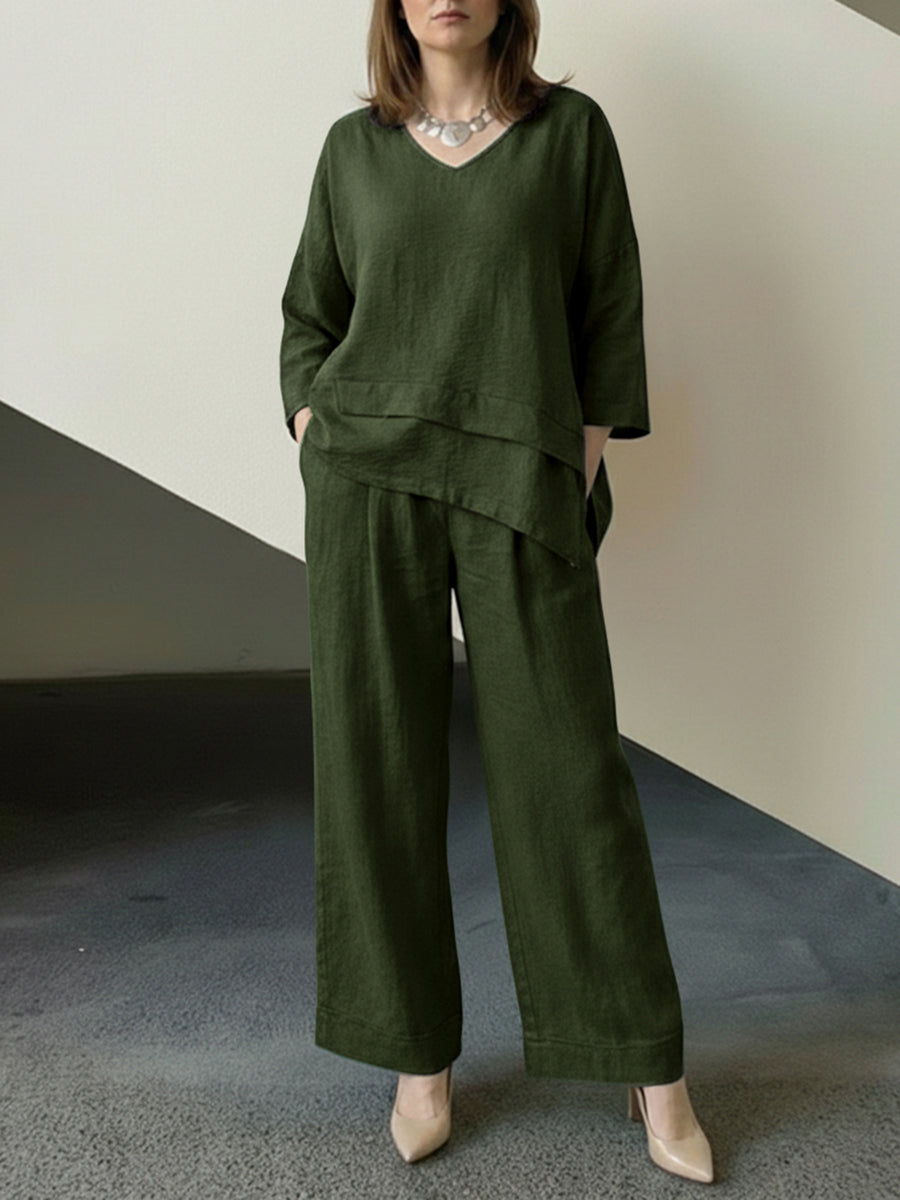 Loose Long Sleeves  Asymmetric Split-Joint Top + Wide Leg Pants Two Pieces Set