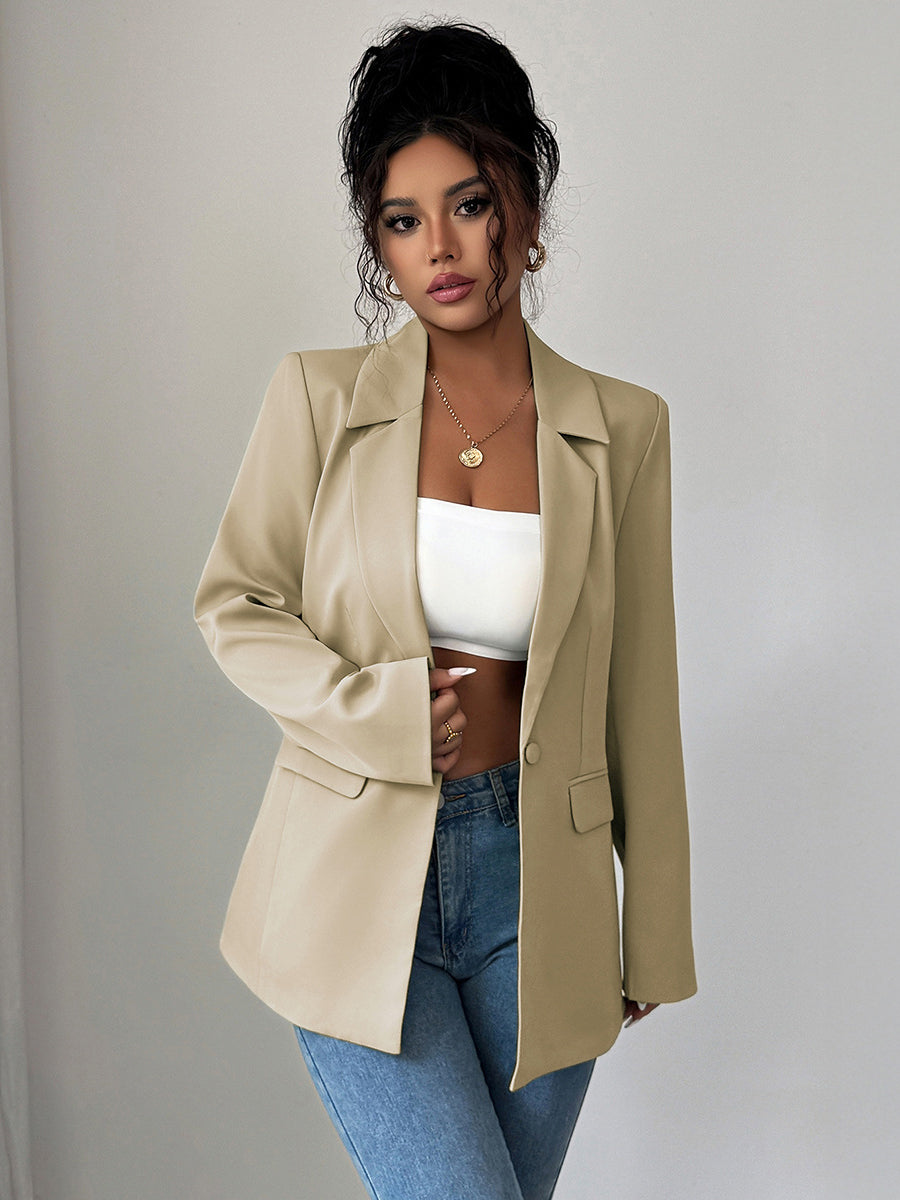 Long Sleeves Loose Buttoned Pockets Solid Color Notched Collar Blazer Outerwear