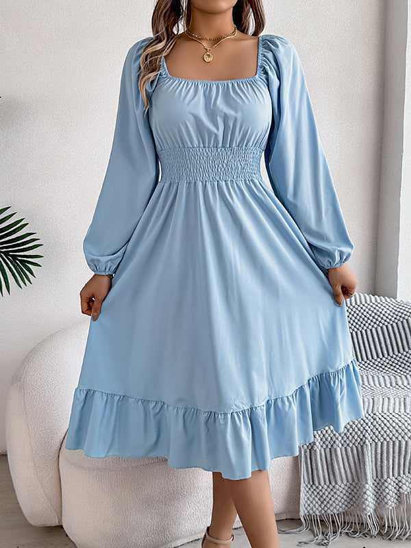 A-Line Elasticated Waist Pleated Ruffled Solid Color Square-Neck Midi Dresses
