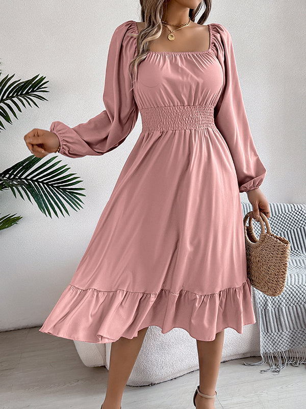 A-Line Elasticated Waist Pleated Ruffled Solid Color Square-Neck Midi Dresses