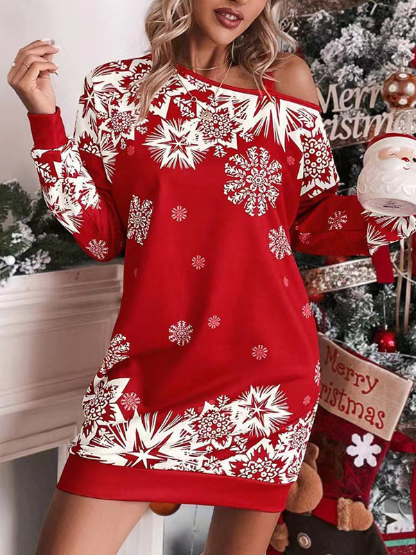 Bodycon Long Sleeves Contrast Color Printed Split-Joint One-Shoulder Midi Dresses