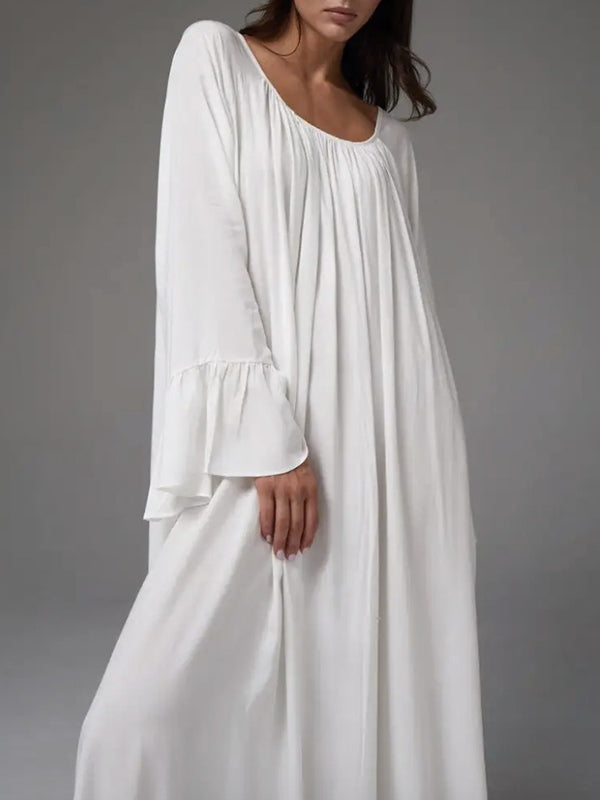 Flared Sleeves Loose Pleated Solid Color Split-Joint Round-Neck Maxi Dresses