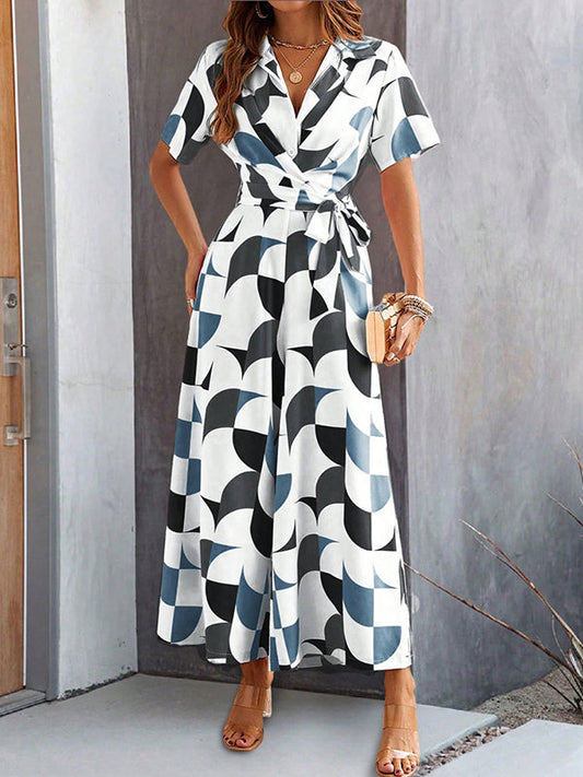 High Waisted Loose Buttoned Contrast Color Tied Waist V-Neck Jumpsuits