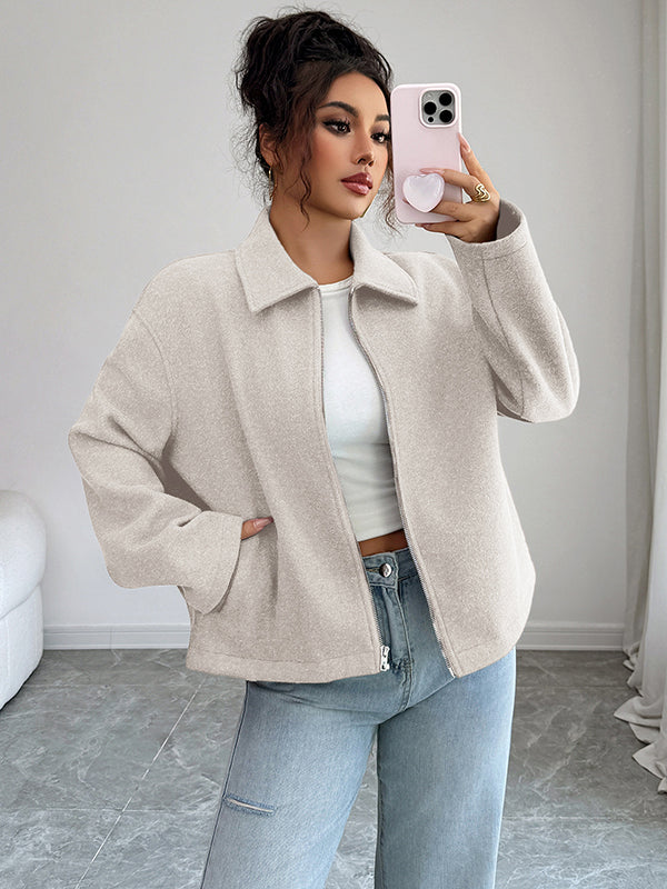 Long Sleeves Loose Solid Color Zipper Lapel Outerwear