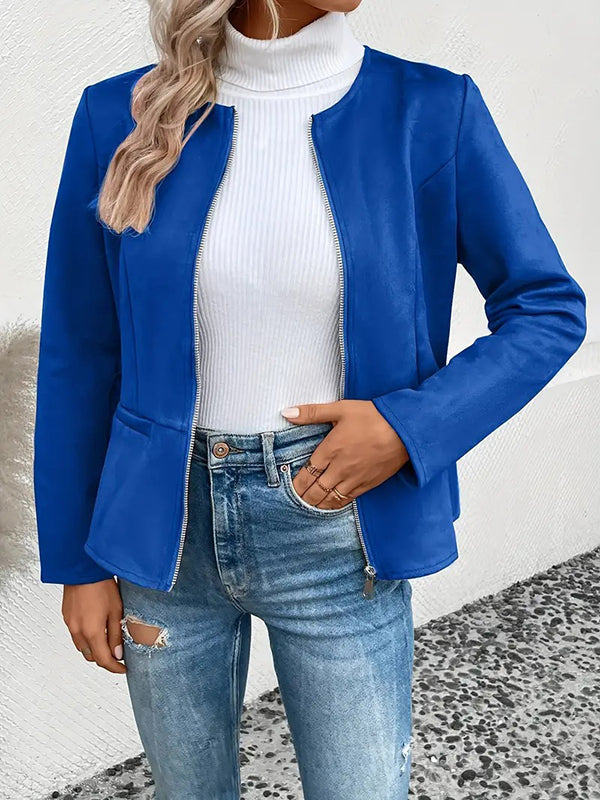 Long Sleeves Loose Pockets Solid Color Split-Joint Zipper Round-Neck Jackets Outerwear