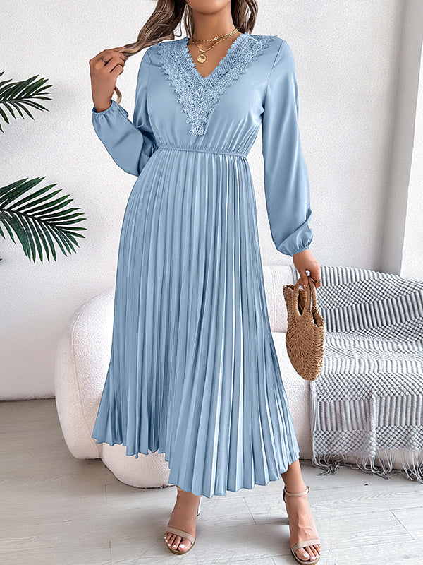 Elasticated Waist High Waisted Pleated Solid Color V-Neck Midi Dresses