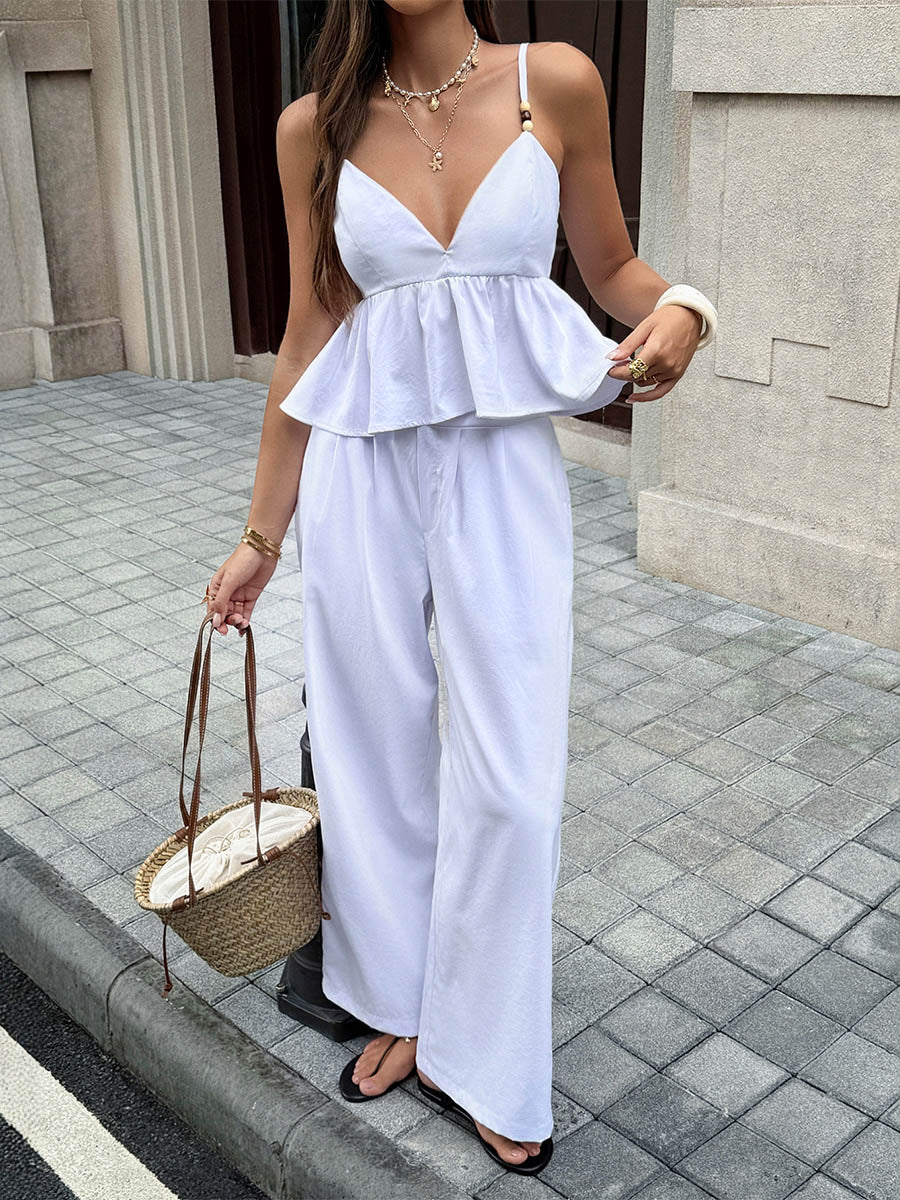 Solid Color Split-Joint Spaghetti-Neck Elasticated Waist High Waisted Pleated Ruffled Blouses&Shirts Tops +  Pockets Pants Two Pieces Set