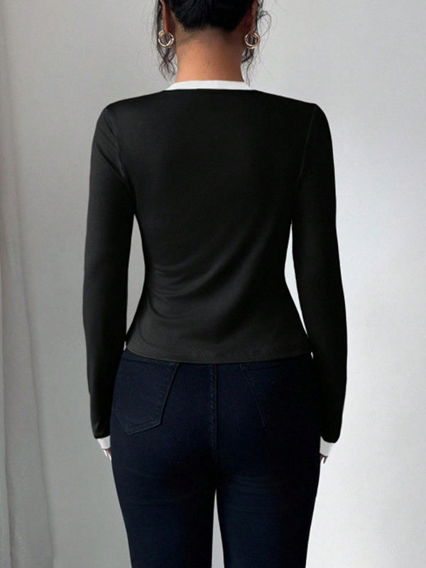 Long Sleeves Solid Color Split-Joint Collarless Two Pieces Set