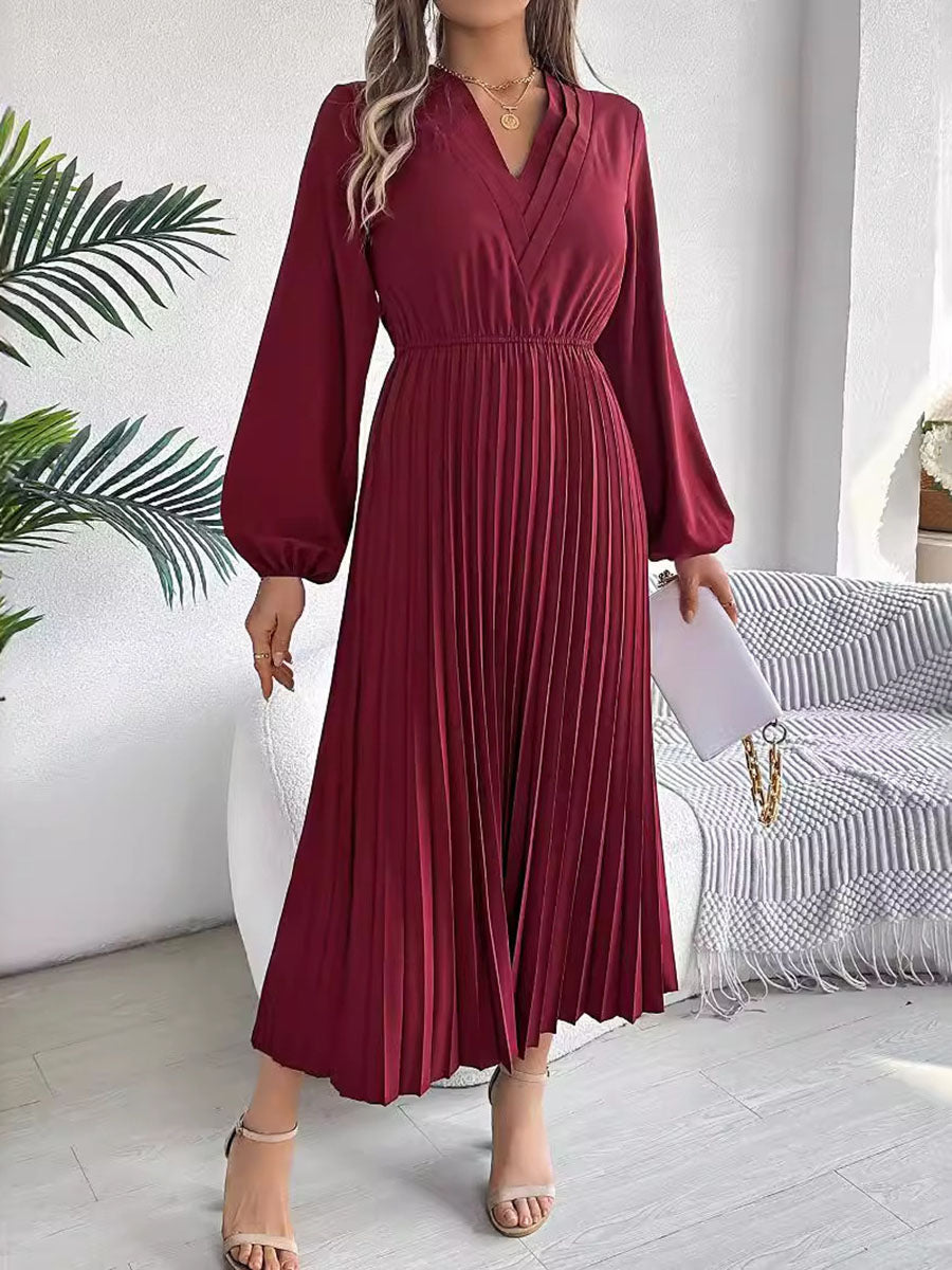 A-Line High Waisted Elasticity Pleated Solid Color V-Neck Maxi Dresses