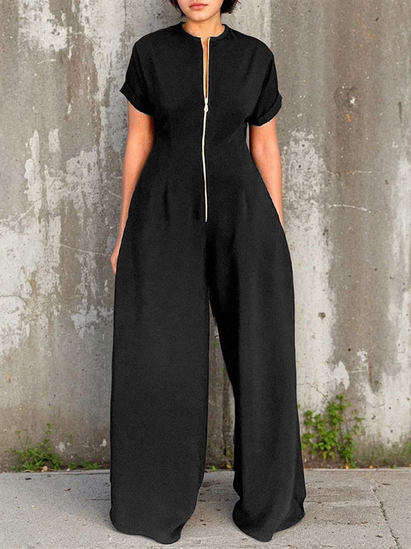 Short Sleeves Wide Leg Elasticity Pleated Split-Joint Zipper Round-Neck Jumpsuits