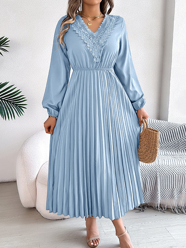 Elasticated Waist High Waisted Pleated Solid Color V-Neck Midi Dresses