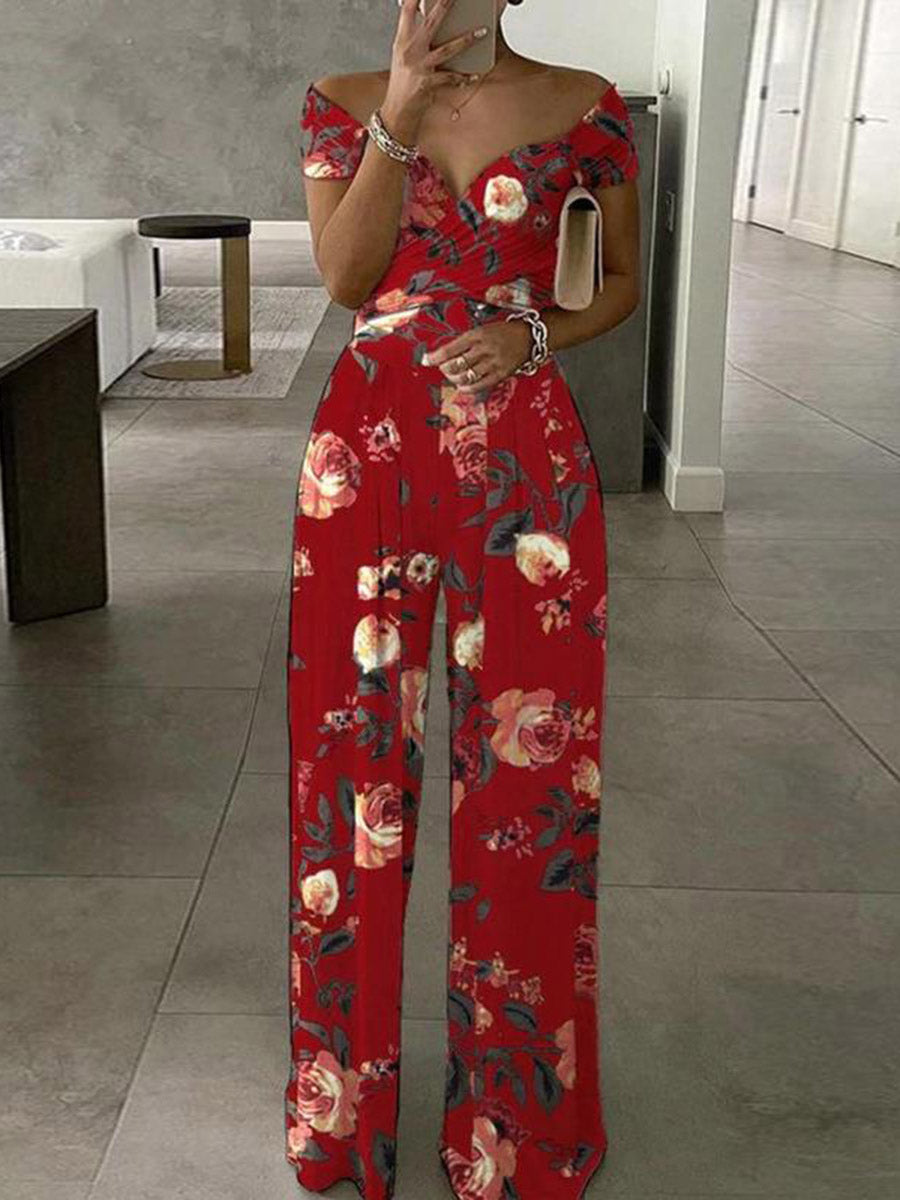 High Waisted Loose Contrast Color Pleated Printed Split-Joint Twist Off-The-Shoulder Jumpsuits