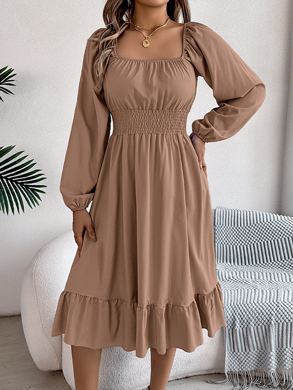 A-Line Elasticated Waist Pleated Ruffled Solid Color Square-Neck Midi Dresses