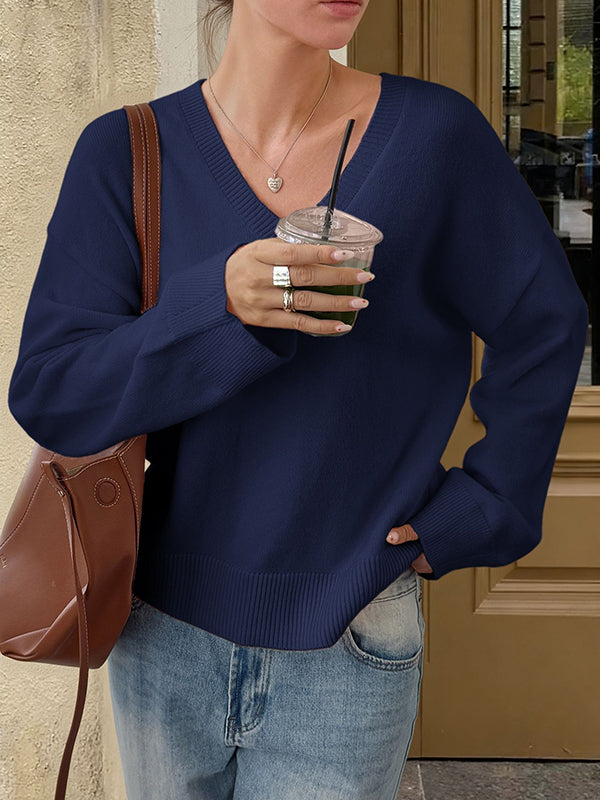 Long Sleeves Loose Ribs Solid Color V-Neck Sweater Tops