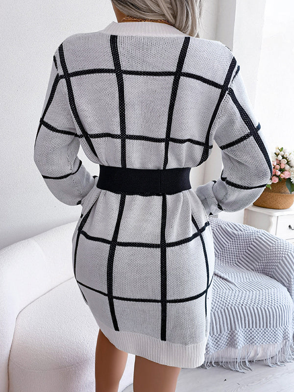 Elasticated Waist Long Sleeves Belted Contrast Color Plaid Round-Neck Mini Dresses Sweater Dresses