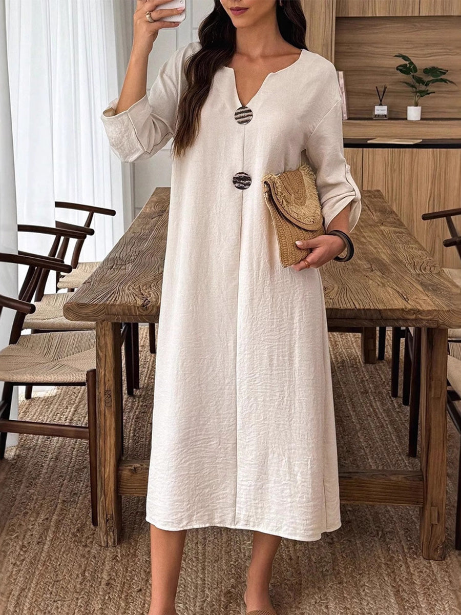 Long Sleeves Loose Buttoned Solid Color V-Neck Midi Dresses