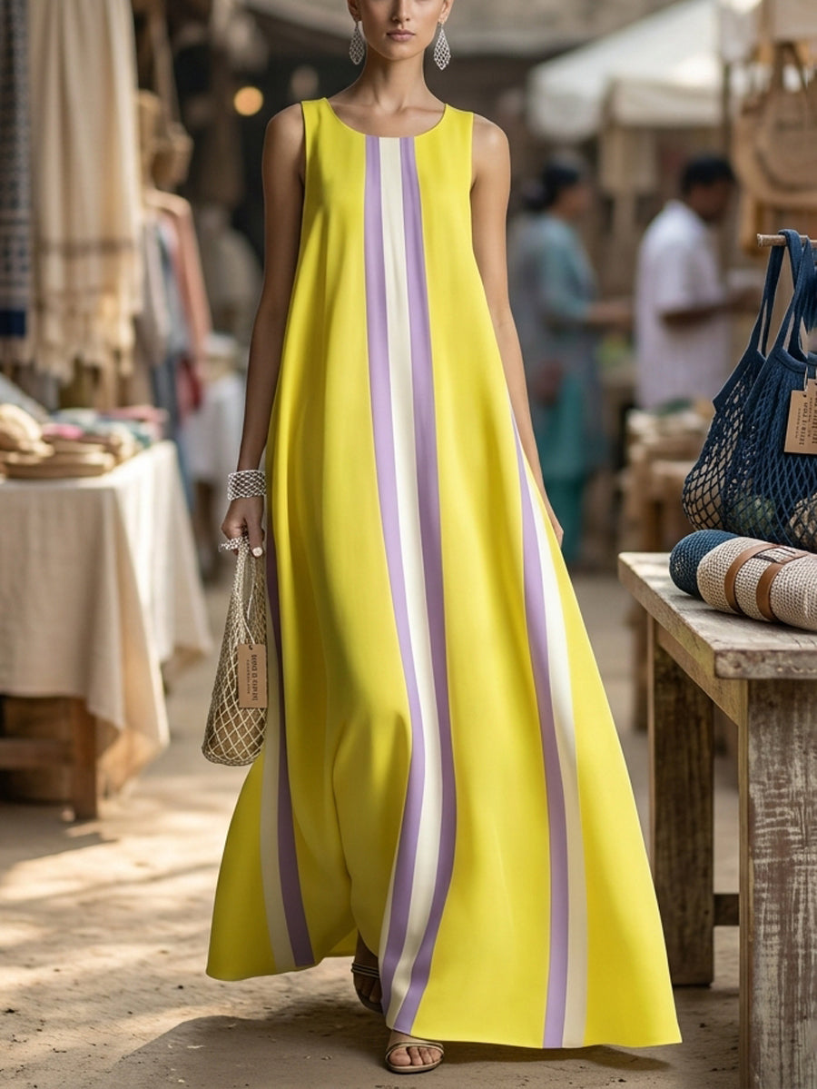 A-Line Loose Pockets Striped Round-Neck Maxi Dresses