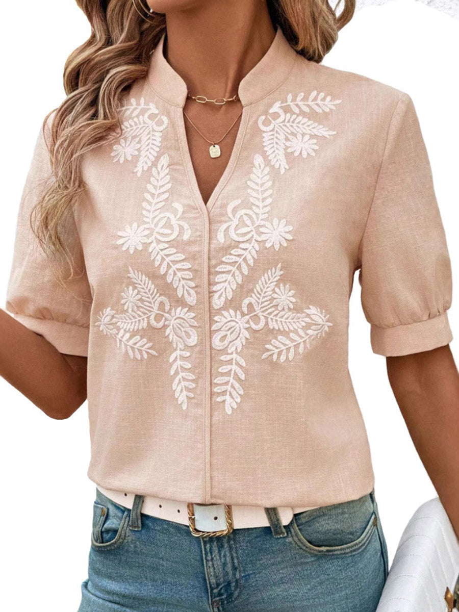 Loose Short Sleeves Flower-Embellished Contrast Color Split-Joint Stand Collar Blouses&Shirts Tops
