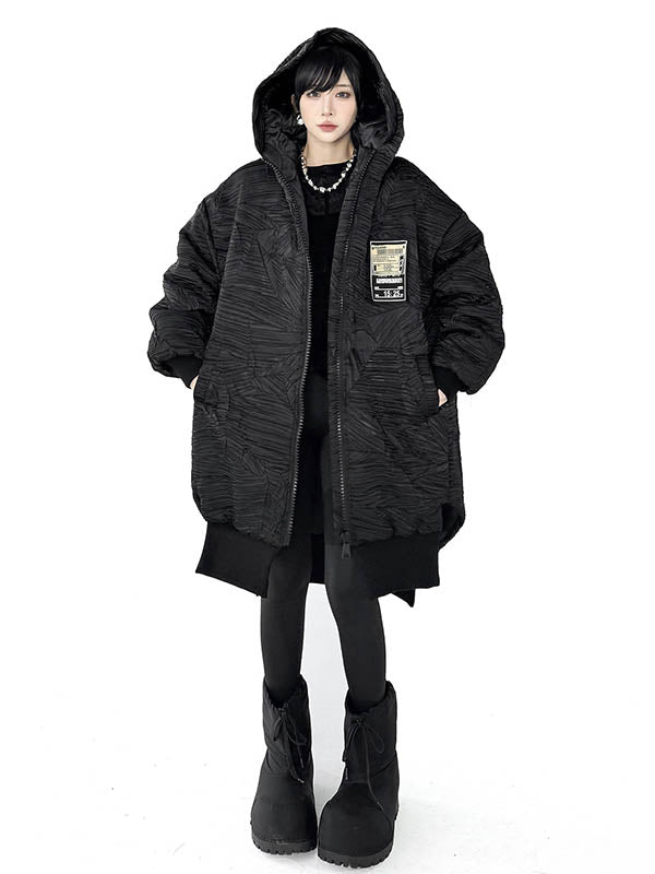 High-Low Irregularity Abstract Printed Contrast Color Split-Joint Zipper Hooded Outerwear Overcoat