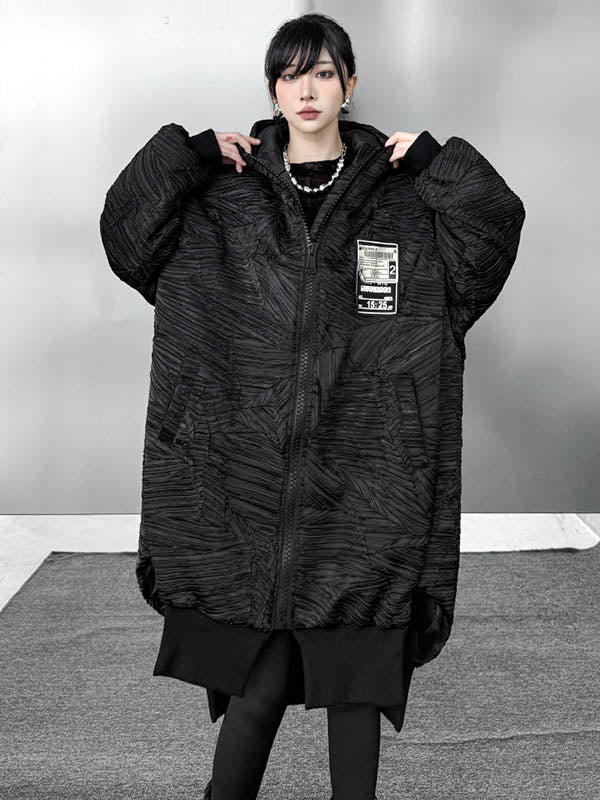 High-Low Irregularity Abstract Printed Contrast Color Split-Joint Zipper Hooded Outerwear Overcoat