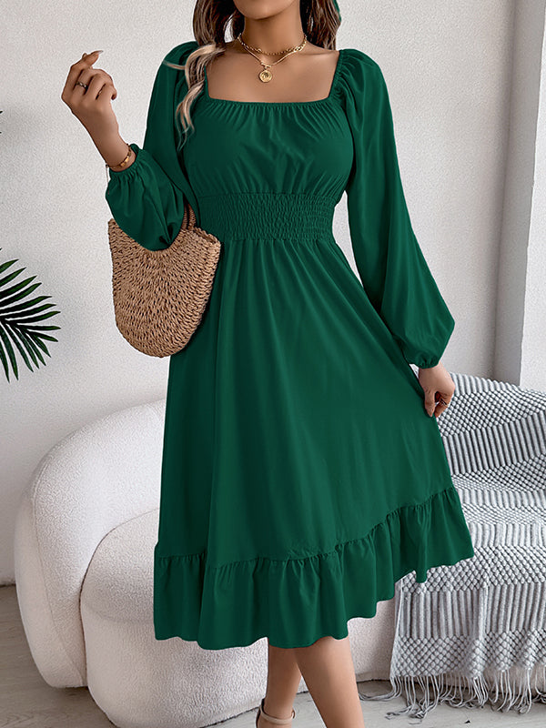 A-Line Elasticated Waist Pleated Ruffled Solid Color Square-Neck Midi Dresses