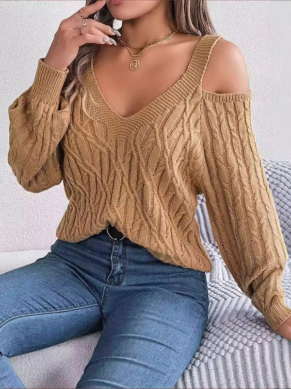 Long Sleeves Loose Cable Knit Solid Color Cold Shoulder Sweater Tops