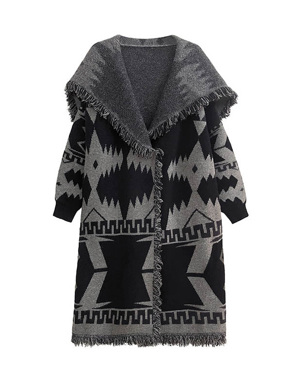 Long Sleeves Loose Contrast Color Geometric Split-Joint Tasseled Lapel Outerwear Overcoat