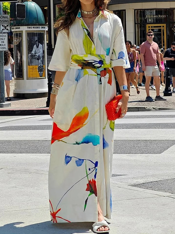 Half Sleeves Loose Asymmetric Printed Split-Joint Tied Waist Lapel Maxi Dresses Shirt Dress